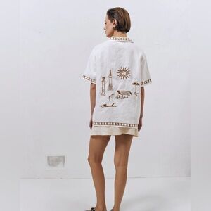 VRG GRL $132 Ricci Linen Button Blouse Shirt Top SKYROS Embroidered Resort Beach